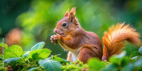 Tiny red squirrel munching on hazelnut with vibrant green foliage as backdrop , leafy, bushy,  leafy, bushy, wildlife, trees