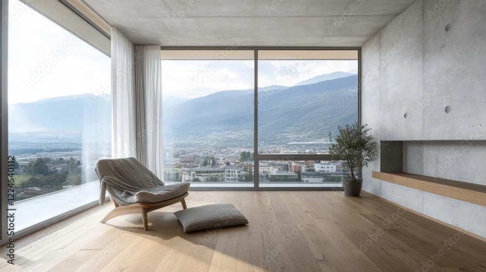 Open-concept loft with smooth concrete walls, wood flooring, and a comfy cloth chair positioned near the expansive window
