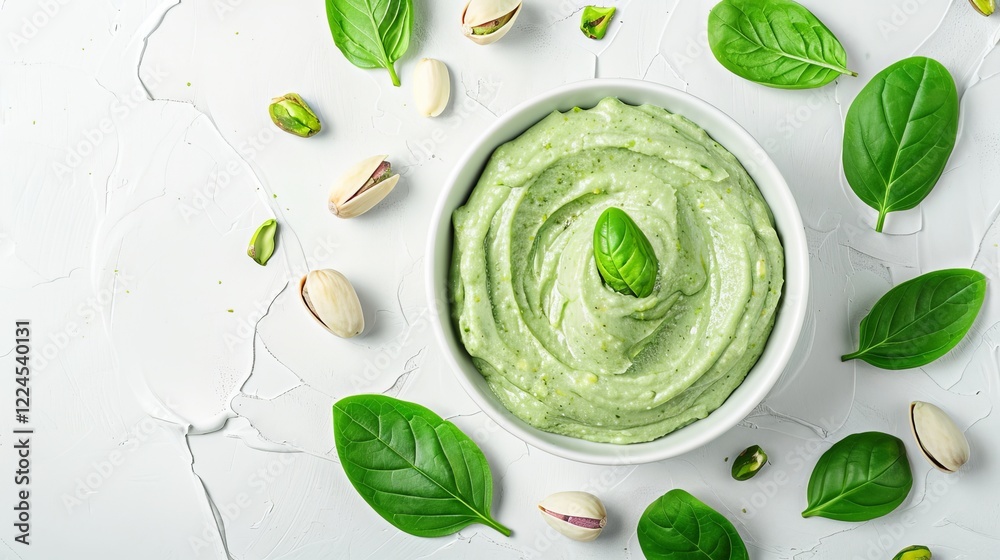 Obraz premium Homemade Pistachio Pesto Sauce With Basil And Nuts, Top View, On White Stone Background.