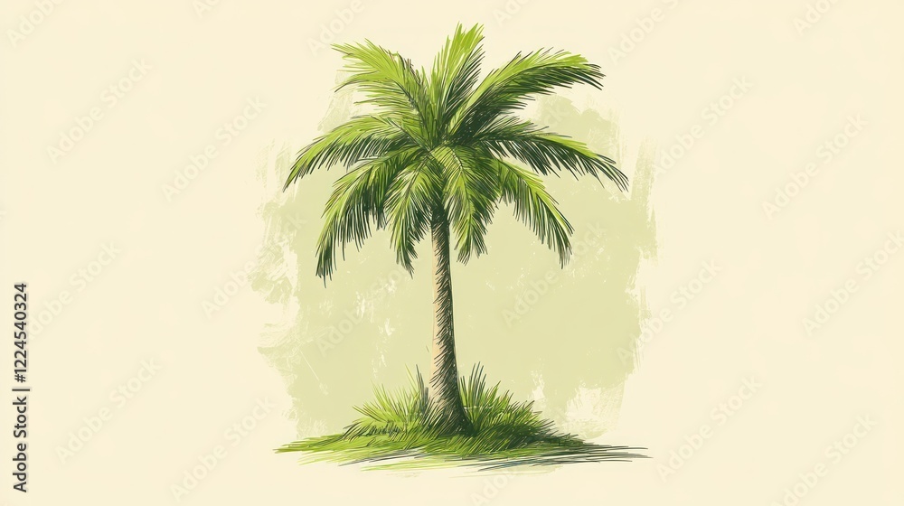 Fototapeta premium Hand-drawn palm tree, tropical, serene, green.