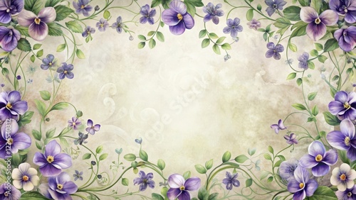 Classic floral motifs with violets forming a delicate border on a soft, pastel background , elegant design , antique aesthetics