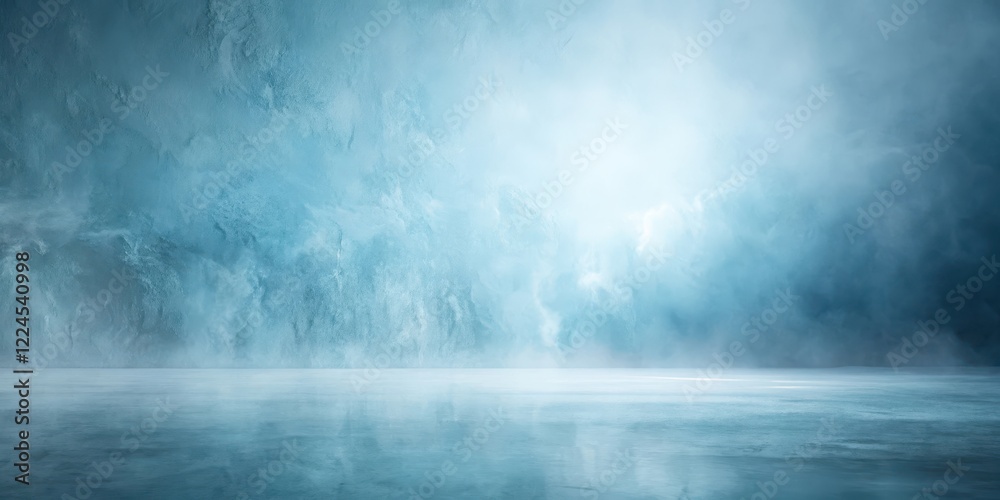 Gentle mist rises from a soft blue abstract surface in a dimly lit studio setting amidst a minimalist white wall background, neutral tones, wall background Gentle mist rises from a soft blue abstract surface in a dimly lit studio setting amidst a minimalist white wall background, neutral tones, wall background