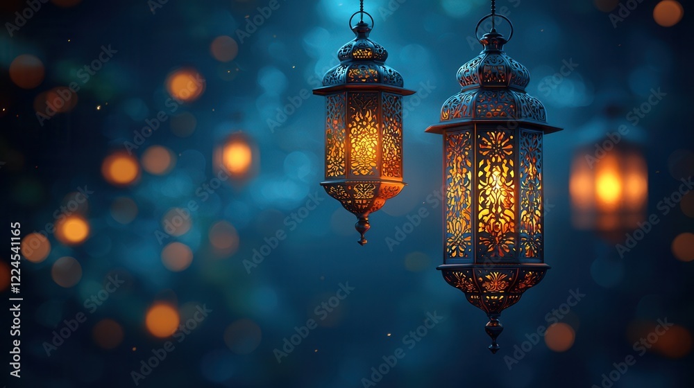 Ornate Metal Lanterns Glowing with Warm Light Against a Dark Blue Bokeh Background, Creating a Festive and Spiritual Ambiance Ornate Metal Lanterns Glowing with Warm Light Against a Dark Blue Bokeh Background, Creating a Festive and Spiritual Ambiance