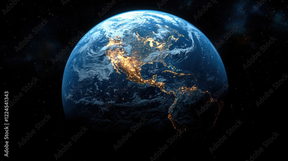 Fototapeta premium Illuminated earth from space at night showcasing north and south america