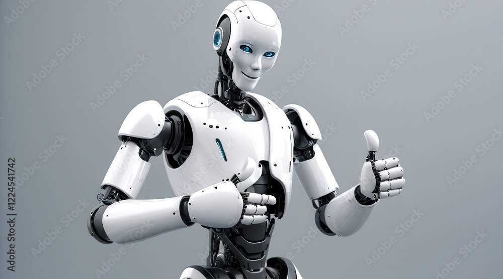 Friendly Humanoid Robot Giving Thumbs Up Against Gray Background Friendly Humanoid Robot Giving Thumbs Up Against Gray Background
