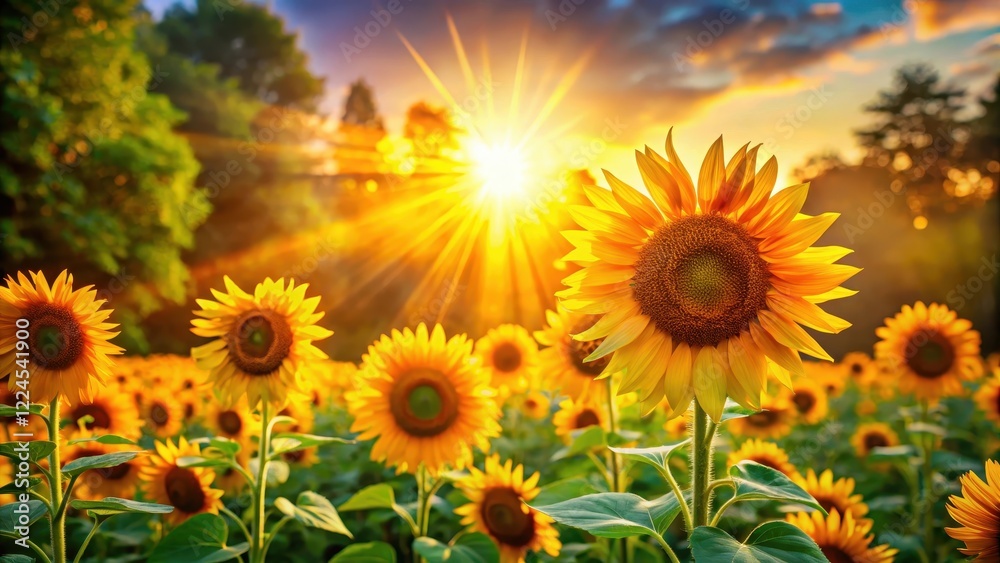 Obraz premium Warm sunlight radiates through a bright orange lens flare, illuminating a vibrant summer landscape with lush greenery and towering sunflowers, lens flare, warm light