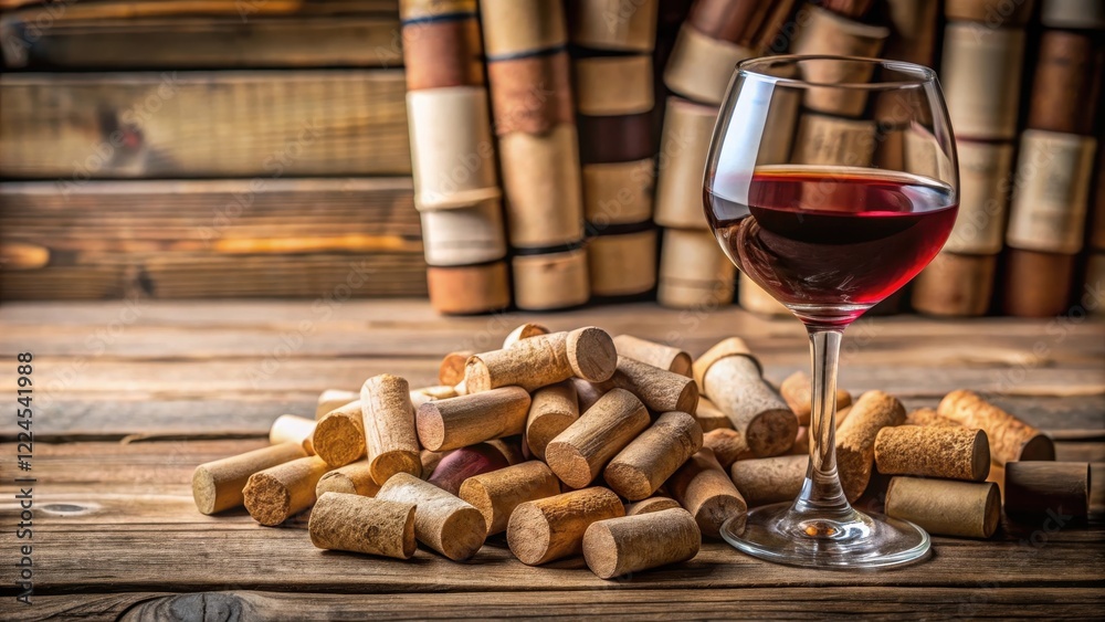 A group of wine corks scattered on a wooden table with a glass of red wine in the background and a few books nearby , decor, drink A group of wine corks scattered on a wooden table with a glass of red wine in the background and a few books nearby , decor, drink