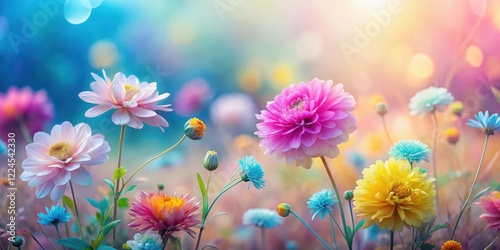 Soft focus flowers in pastel hues against a gradient background of pink blue yellow, garden, fuzzy,  garden,fuzzy, blue