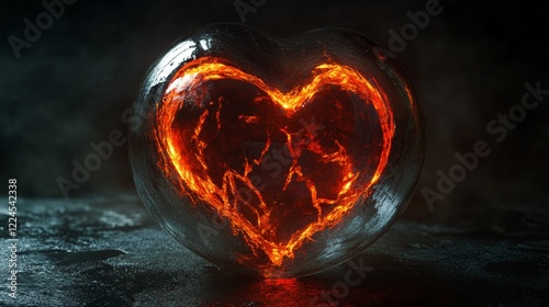 A pulsating heart made of molten lava encased in a glass sphere.  photo