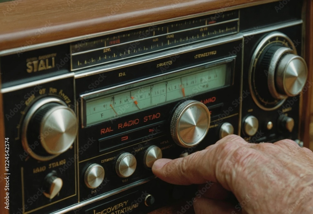 Fototapeta premium A close-up of a vintage radio, featuring intricate knobs and dials, conveying a sense of nostalgia and warmth, ideal for retro-themed projects and music history. 