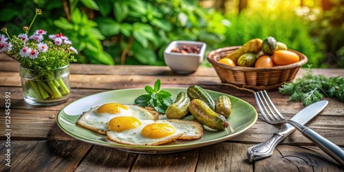 A plate with two fried eggs, a slice of gherkin, and a roast potato, set on a rustic wooden table amidst a garden scene
