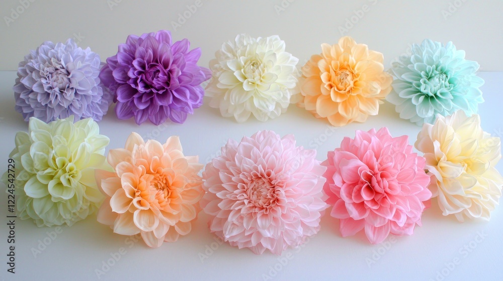 Pastel Dahlias arranged on white background, studio shot, floral design Pastel Dahlias arranged on white background, studio shot, floral design