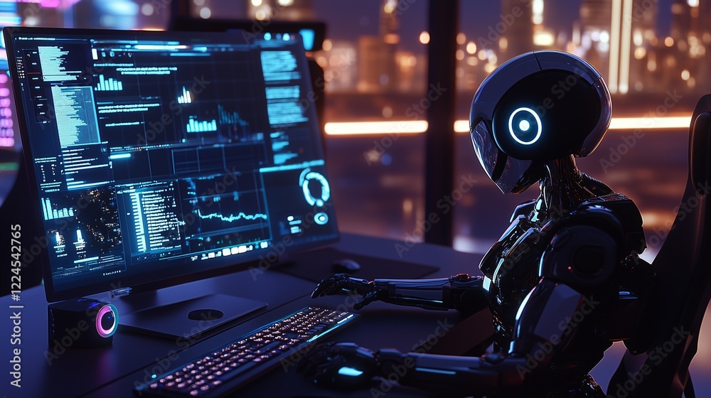 Obraz premium Futuristic AI robot drone working on a computer in a modern startup environment, advanced technology concept, artificial intelligence in business, high-tech workspace, innovation and productivity.