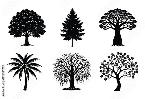 Set of trees silhouettes on white background