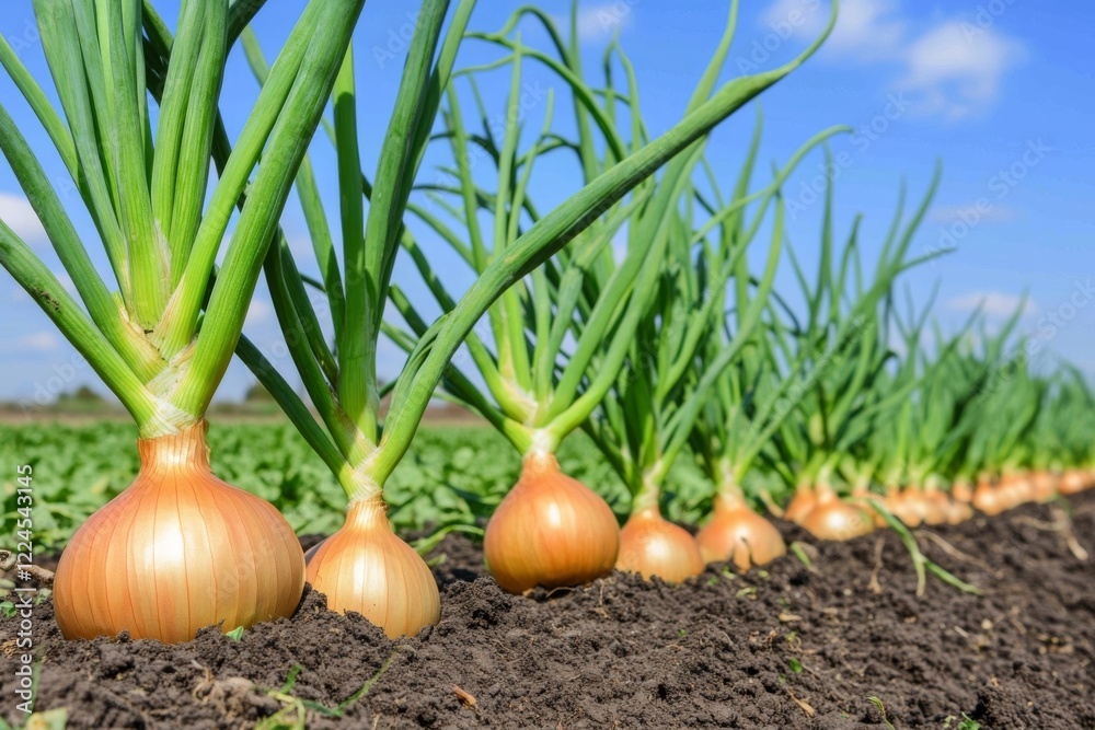 Obraz premium Fresh Golden Onions Growing on onion farm in neat rows. Sunny Field. Onion plants in nutrient rich ground, healthy soil. Blue sky. Allium. Agricultural life. Organic food in the garden. Fertilizer