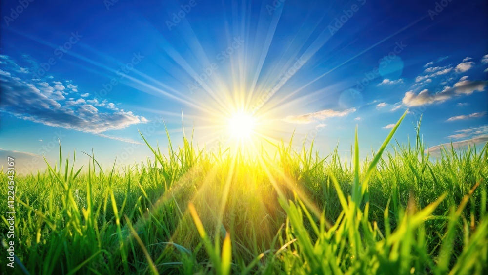 Softly glowing grass under a clear blue sky with sun rays illuminating the scene on a warm sunny morning , serene, grass Softly glowing grass under a clear blue sky with sun rays illuminating the scene on a warm sunny morning , serene, grass