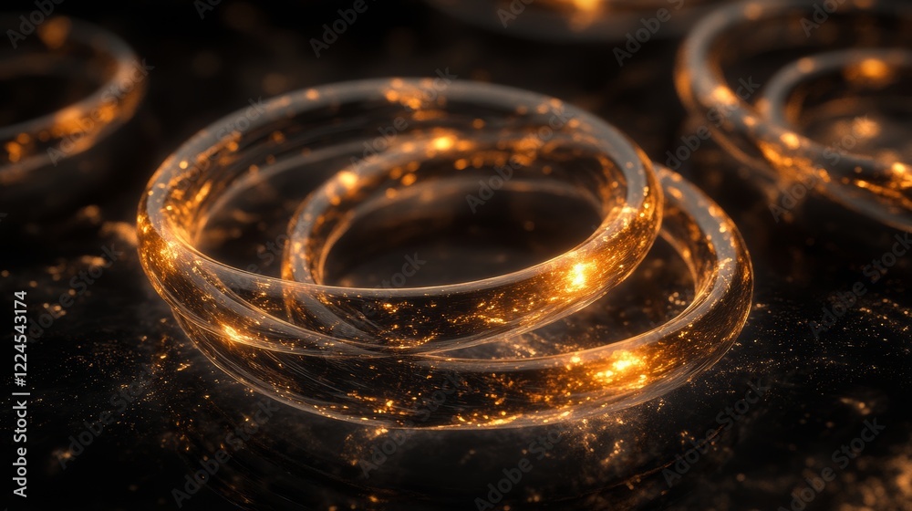 A series of intertwined glowing rings floating in a black cosmic space. A series of intertwined glowing rings floating in a black cosmic space.