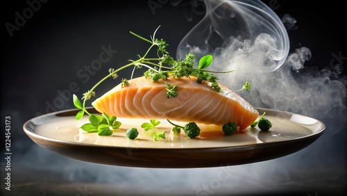 Smoked salmon fillet cooked with a rich and creamy sauce made from sous vide eggs, gelatinized whey, and micro-greens, suspended in mid-air using a centrifuge, fine dining, smoked salmon photo