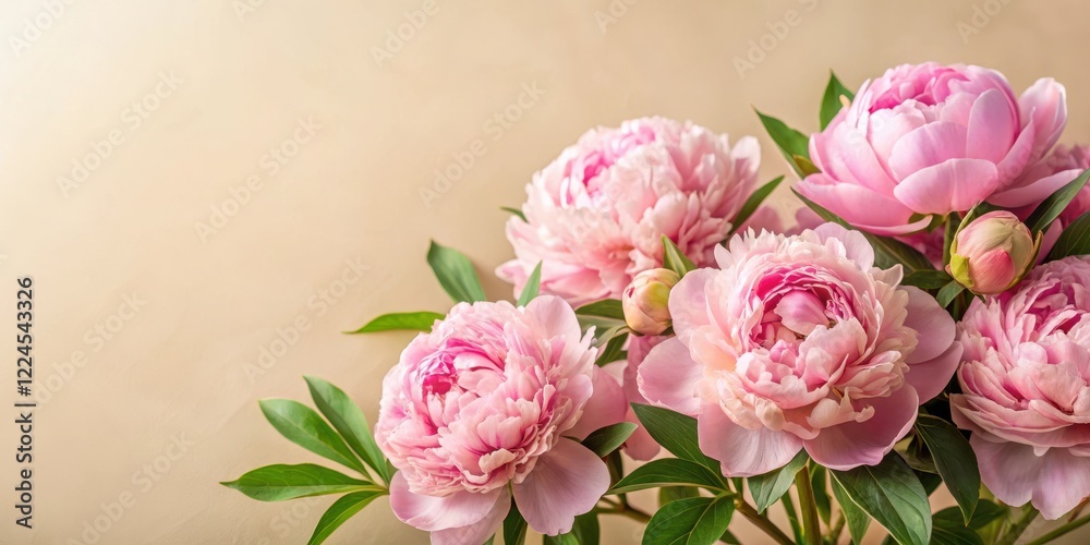 Soft Pink Peony Flowers with Greenery and Beige Background Soft Pink Peony Flowers with Greenery and Beige Background