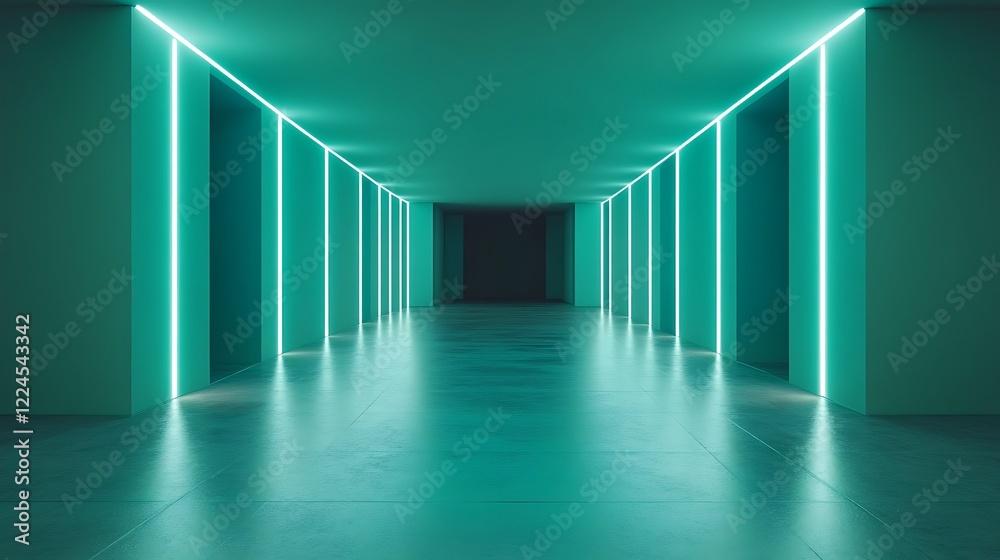 Fototapeta premium Teal Corridor With Neon Lights And Doors