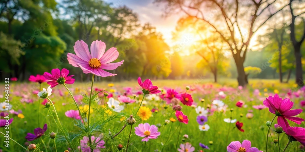 Obraz premium fields of vibrant cosmos flowers swaying gently in the breeze amidst a blanket of soft green grass and warm sunlight filter through leaves on trees, nature photography, garden landscape