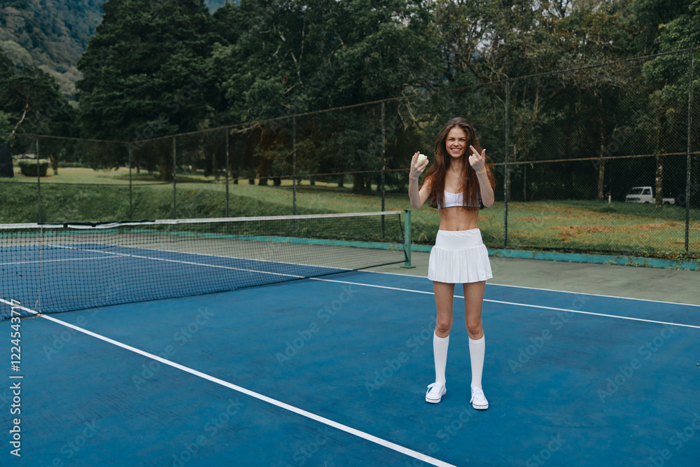 Young female tennis player celebrating victory on the court, wearing a white sports outfit, with a joyful expression, surrounded by green trees in a vibrant setting Young female tennis player celebrating victory on the court, wearing a white sports outfit, with a joyful expression, surrounded by green trees in a vibrant setting
