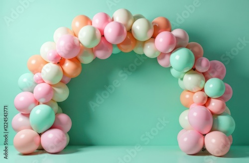 wedding arch with balloons on beach, sea background, copyspace available photo