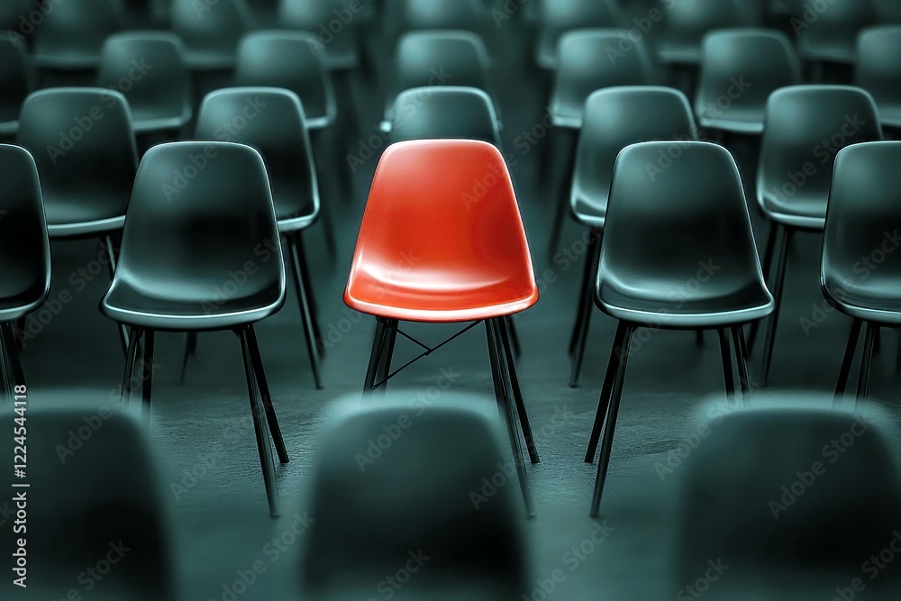 Naklejka premium A Single Red Chair Stands Out Amongst Rows of Black Chairs in a Minimalist Setting, Emphasizing Individuality and Isolation in Modern Design