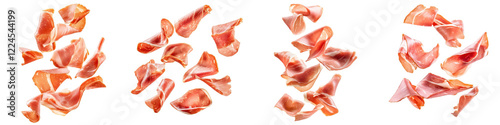 Prosciutto ham slices flying through the air, isolated on white background. Mix Collection Png.