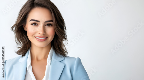 Confident and Composed: A beautiful young woman in a light blue blazer and white shirt radiates confidence with her warm smile and composed gaze. She stands against a clean backdrop. Free Download Confident and Composed: A beautiful young woman in a light blue blazer and white shirt radiates confidence with her warm smile and composed gaze. She stands against a clean backdrop. - GFXLoad