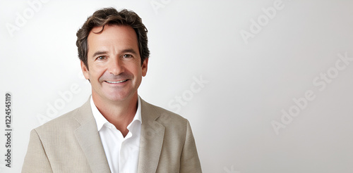 Confident Professional Portrait: A friendly, middle-aged man with a warm smile, wearing a light beige blazer and crisp white shirt, looks directly at the camera in a professional headshot.  