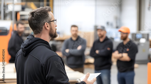 A group of male factory operators engaged in a training session in a modern industrial workshop. The instructor is explaining a technical diagram, while the participants listen attentively.