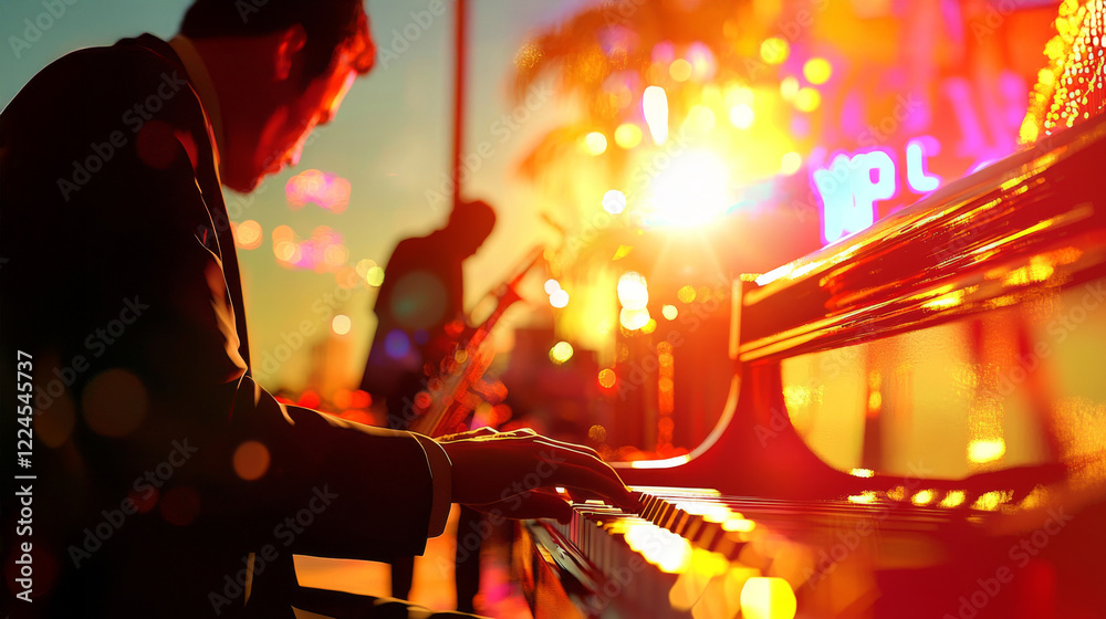 Jazz Under the Neon Lights: A captivating silhouette of a pianist playing a grand piano under a vibrant, neon-drenched sky. Jazz Under the Neon Lights: A captivating silhouette of a pianist playing a grand piano under a vibrant, neon-drenched sky.