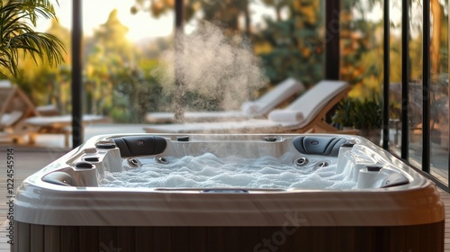 Luxurious outdoor hot tub with steam on sunlit deck in tranquil garden setting photo