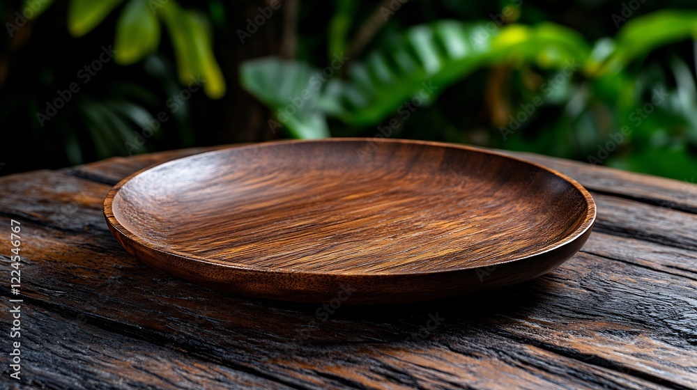 Empty Wooden Plate on Rustic Table with Lush Greenery Background Empty Wooden Plate on Rustic Table with Lush Greenery Background