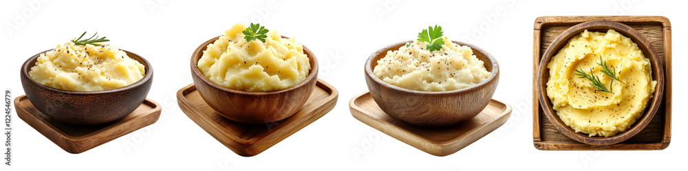 Mashed potatoes served in a rustic bowl on a wooden tray, isolated on a white background. Mix Collection Png. Mashed potatoes served in a rustic bowl on a wooden tray, isolated on a white background. Mix Collection Png.