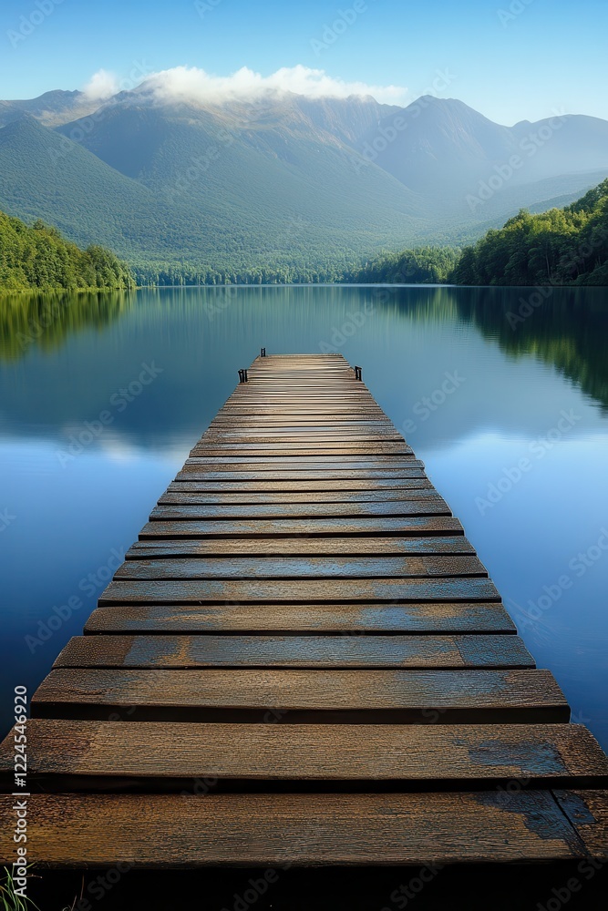 Fototapeta premium Serene Wooden Pier Extending into Tranquil Lake with Majestic Mountain Range in the Background Under Clear Blue Sky