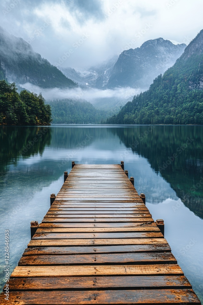 Serene Wooden Dock Overlooking Misty Mountain Lake with Lush Greenery and Cloudy Sky in Tranquil Nature Setting Serene Wooden Dock Overlooking Misty Mountain Lake with Lush Greenery and Cloudy Sky in Tranquil Nature Setting