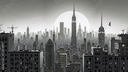 Black and White Cityscape Under a Full Moon Reflection