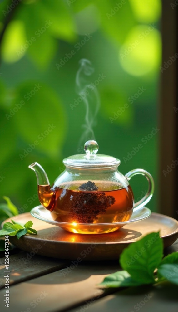 Soothing tea in a glass teapot on a wooden table amidst lush green leaves, wooden table, relaxation Soothing tea in a glass teapot on a wooden table amidst lush green leaves, wooden table, relaxation
