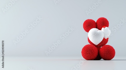 Red plush bear holding hearts; minimalist background; Valentine's Day card