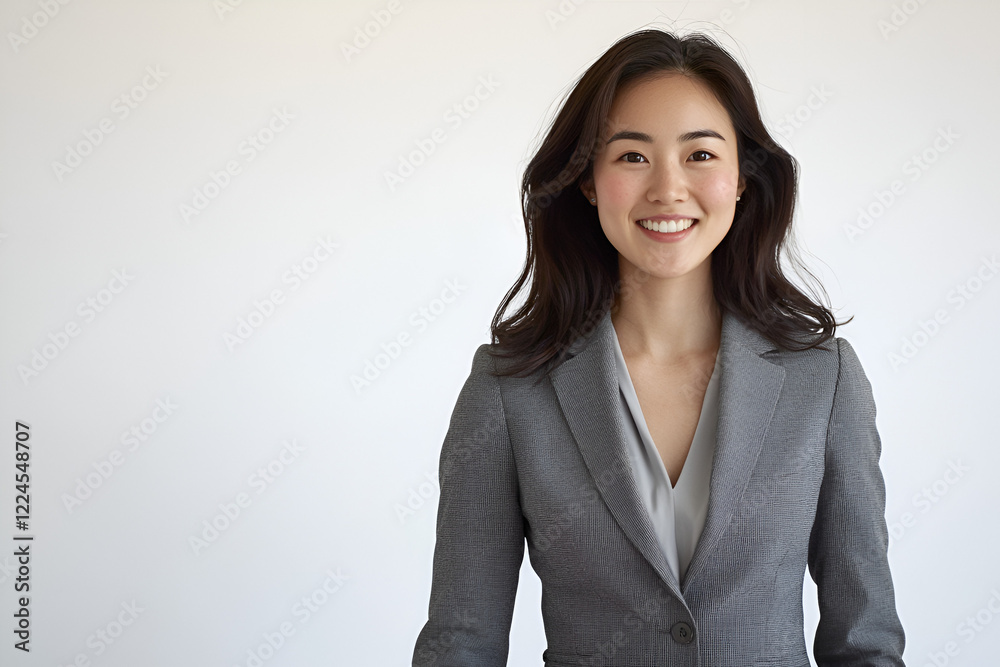 Confident and Ready: A young Asian businesswoman in a stylish grey suit stands confidently, her bright smile radiating positivity and professionalism. Confident and Ready: A young Asian businesswoman in a stylish grey suit stands confidently, her bright smile radiating positivity and professionalism.