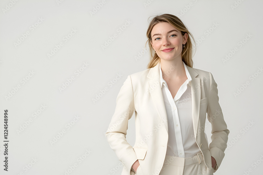 Confident and Composed: A young woman radiates confidence and poise in a crisp white blazer and matching pants, her gentle smile and cool demeanor exuding professionalism.