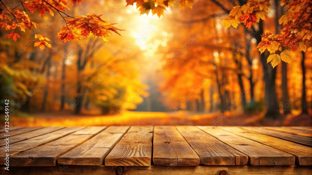 Warm autumnal scene with wooden table, surrounded by vibrant orange leaves, against a blurred background of trees and sky, evoking cozy fall atmosphere, warm lighting, autumn Warm autumnal scene with wooden table, surrounded by vibrant orange leaves, against a blurred background of trees and sky, evoking cozy fall atmosphere, warm lighting, autumn
