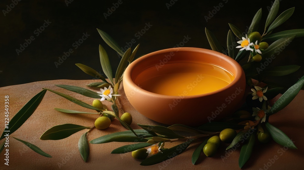 Serene bowl of oil reflecting tranquility and calmness in a minimalist setting.