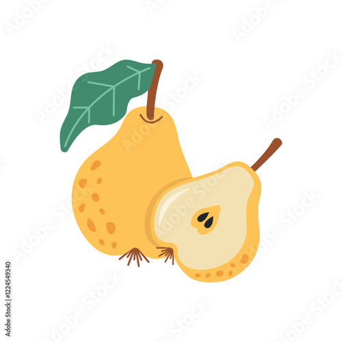 Whole and Sliced Pear. Colorful vector illustration of a whole pear with a green leaf and a sliced pear half, showing seeds and texture.  