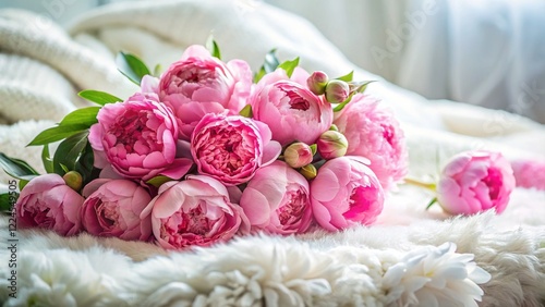 Pink Peonies & Roses Bouquet on Fluffy Blanket - Spring Floral Arrangement Stock Photo