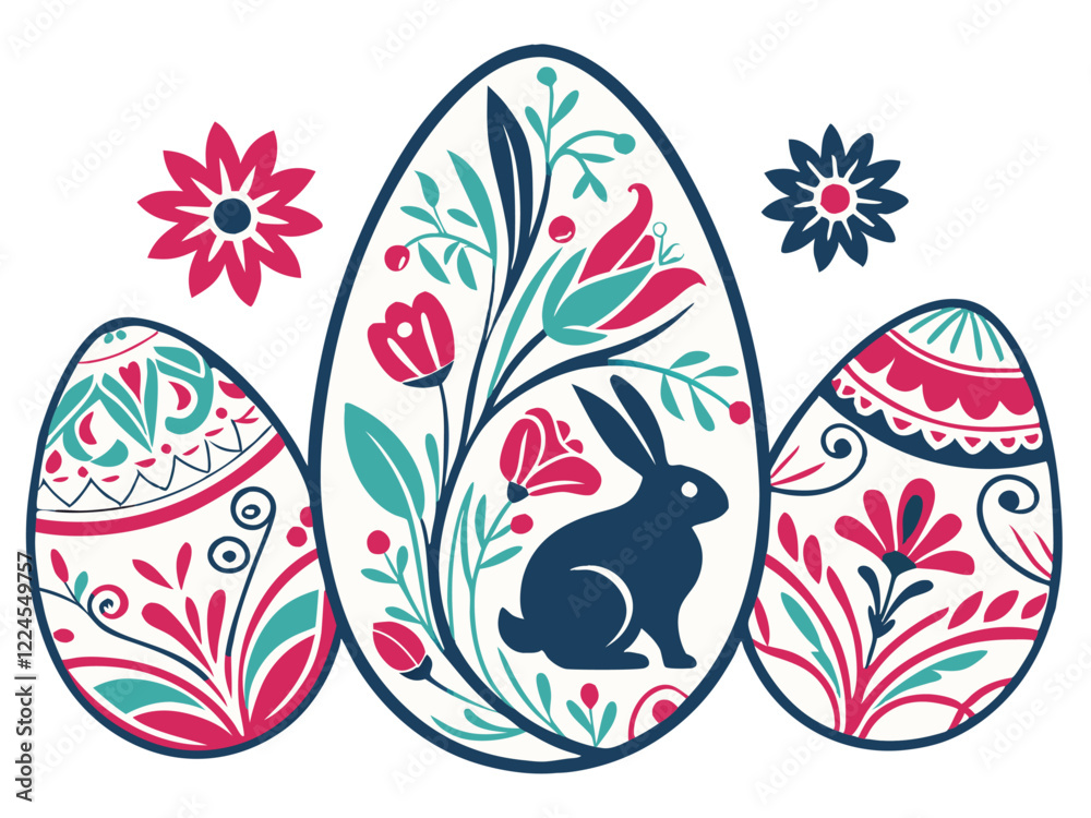 Obraz premium Tres huevos de Pascua con diseños brillantes, dispuestos en fila sobre un fondo blanco, están decorados con flores y una silueta de conejo en el centro.