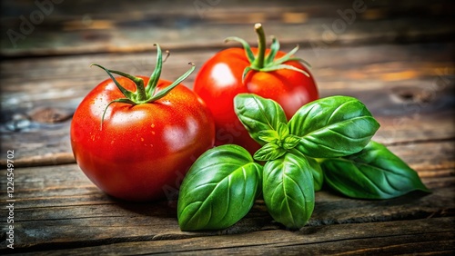 Rustic Still Life: Ripe Tomatoes and Fresh Basil on Wooden Background