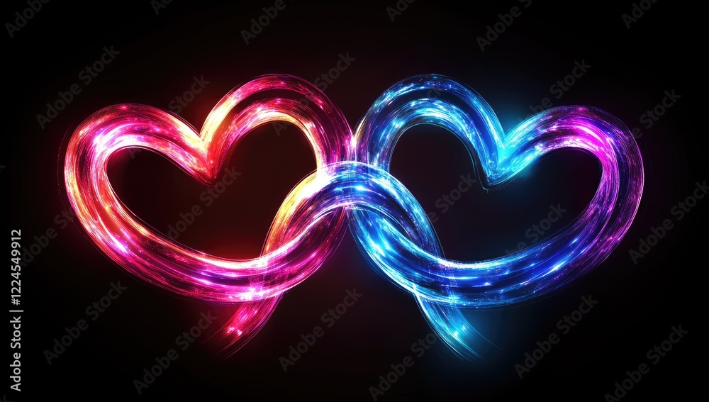 Glowing Neon Hearts on Black Background, Two Intertwined Luminous Heart Shapes for Valentine's Day Love Illustration Glowing Neon Hearts on Black Background, Two Intertwined Luminous Heart Shapes for Valentine's Day Love Illustration